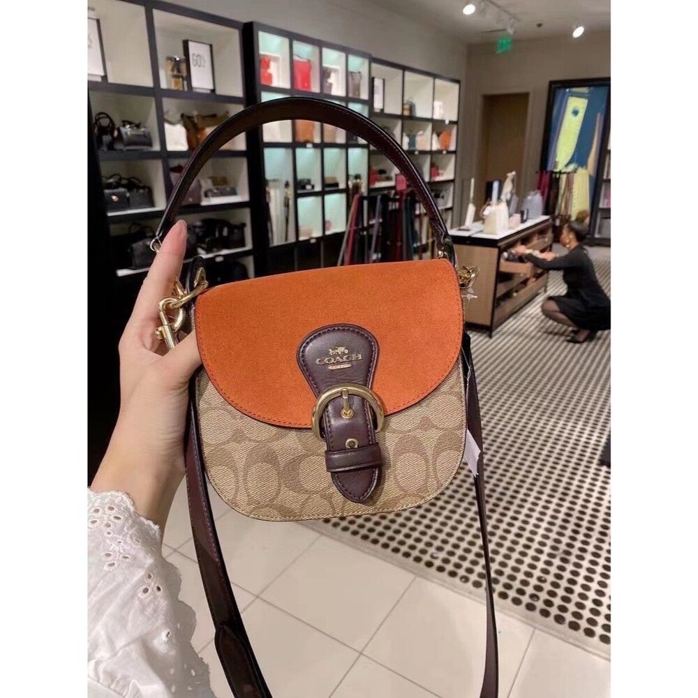 new Coach Kleo 17 Women's crossbody Bag Signature suede orange khaki (C5691)